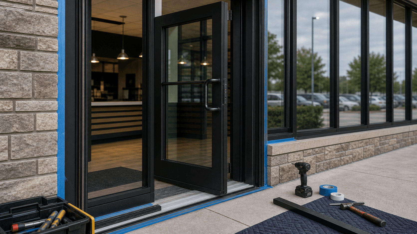 Commercial storefront door and window repair detail