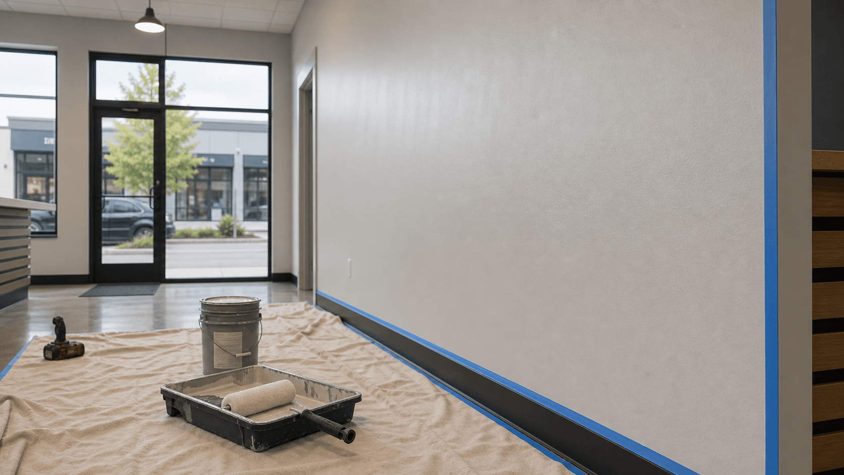 Commercial interior painting detail with protected floors and trim